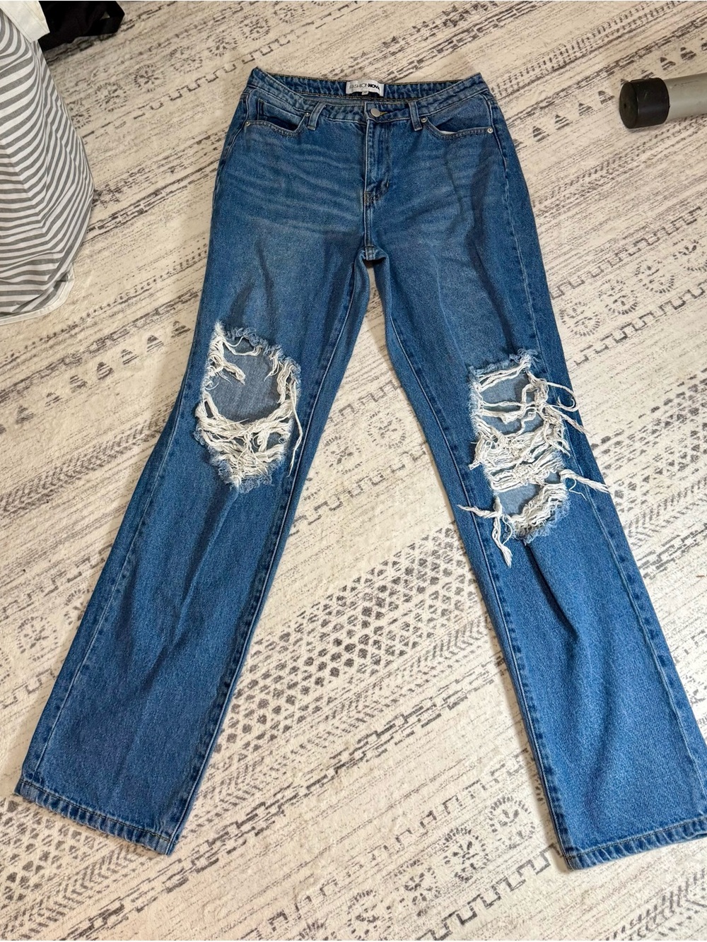 Fashion Nova Distressed Dark Blue Straight Leg Jeans